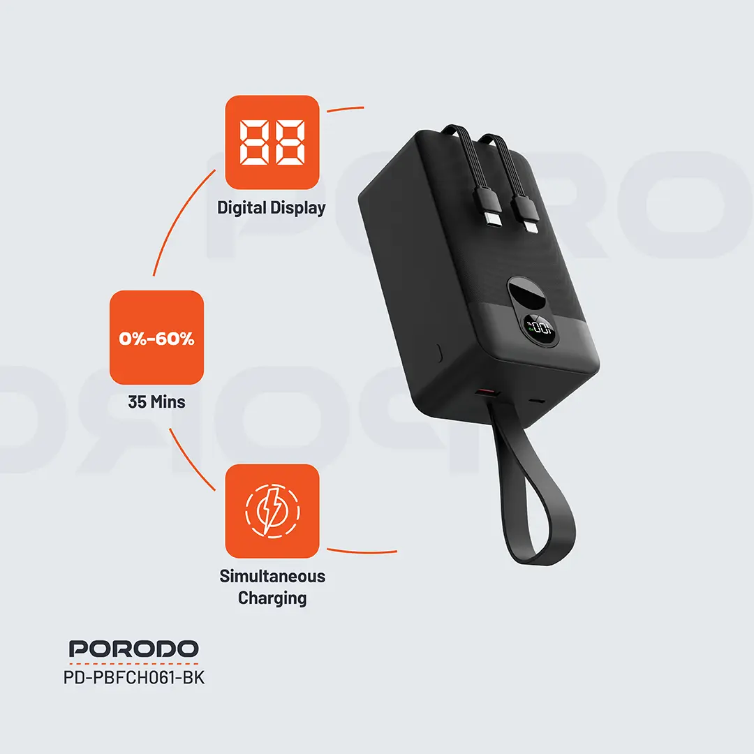 پاوربانک 50000 به همراه کابل متصل پرودو مدل Porodo Integrated Cables PD-PBFCH061-BK