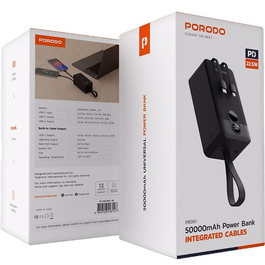 پاوربانک 50000 به همراه کابل متصل پرودو مدل Porodo Integrated Cables PD-PBFCH061-BK