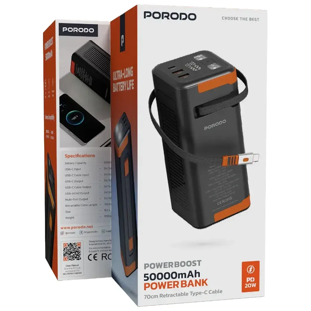 پاوربانک 50000 پرودو با کابل جمع شونده Porodo Power Boost PDPBFCH093BK