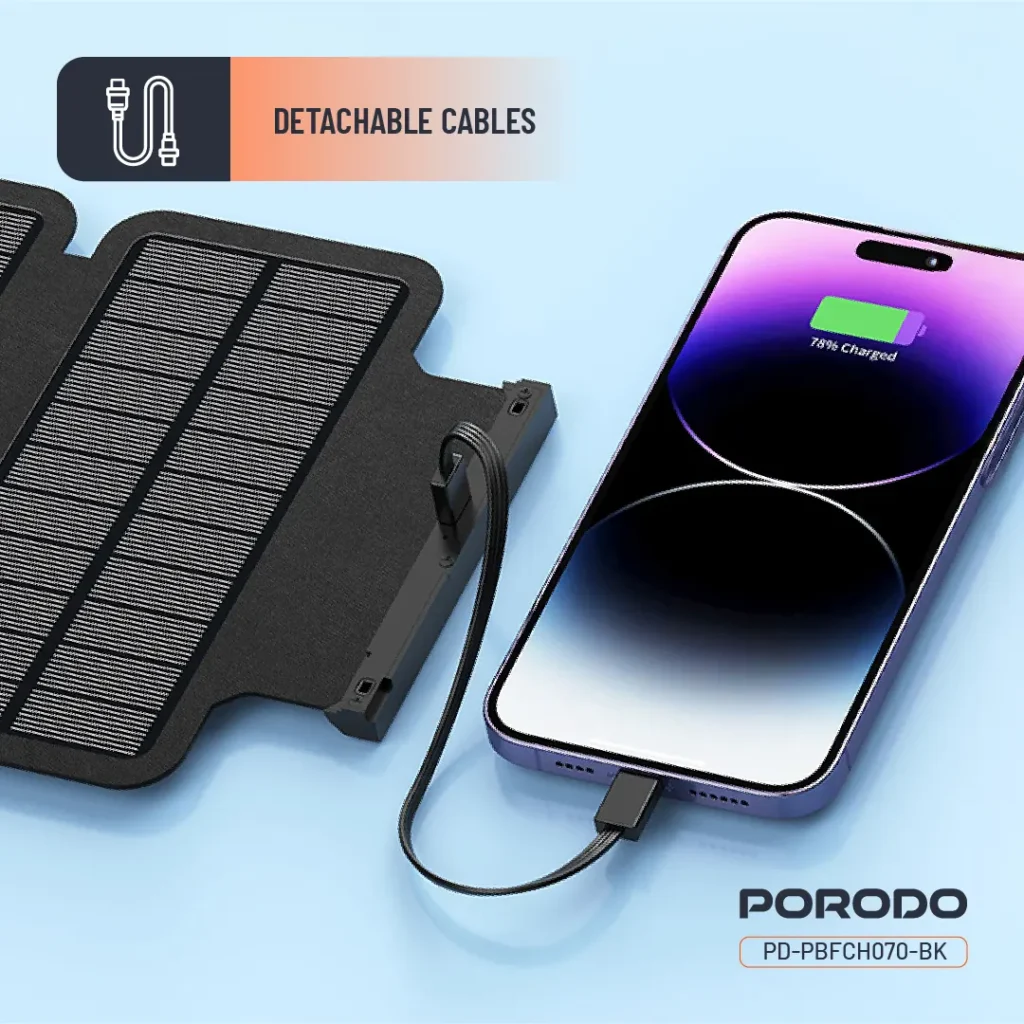 پاوربانک 20000 میلی آمپر سولار پرودو Porodo 4-Panel Solar Power Bank PDPBFCH070BK
