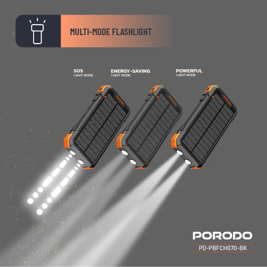 پاوربانک 20000 میلی آمپر سولار پرودو Porodo 4-Panel Solar Power Bank PDPBFCH070BK