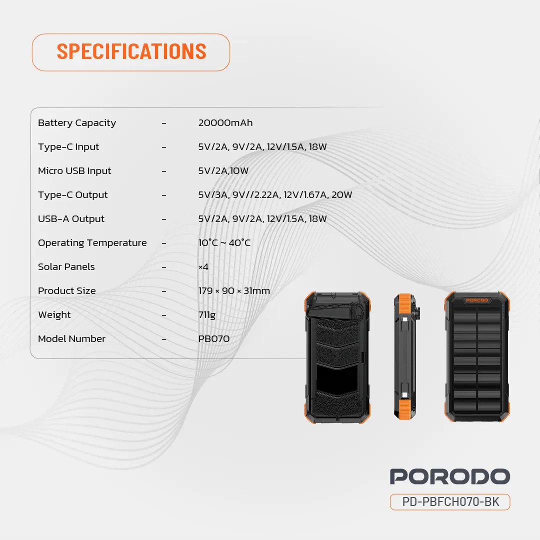 پاوربانک 20000 میلی آمپر سولار پرودو Porodo 4-Panel Solar Power Bank PDPBFCH070BK
