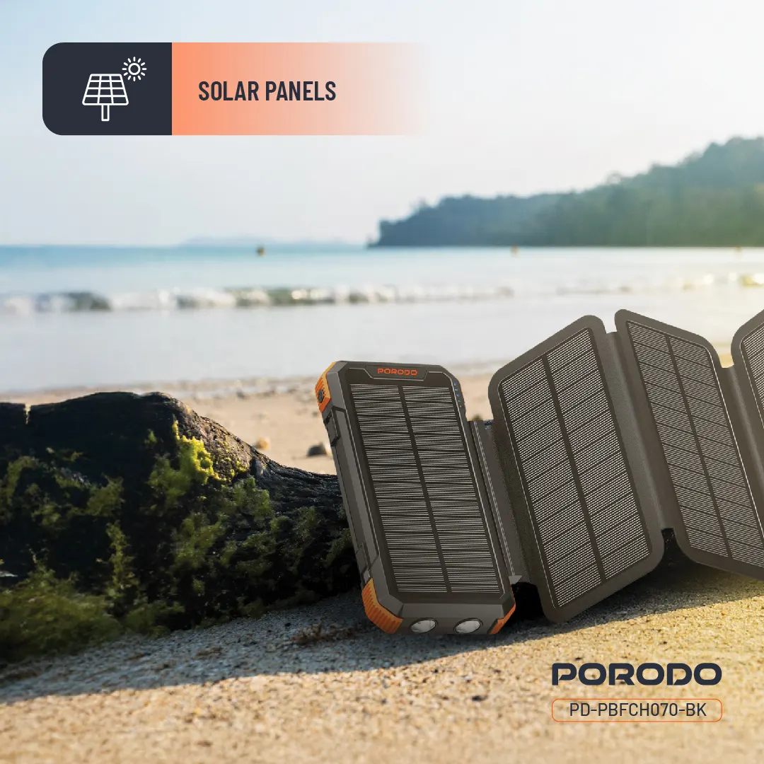 پاوربانک 20000 میلی آمپر سولار پرودو Porodo 4-Panel Solar Power Bank PDPBFCH070BK