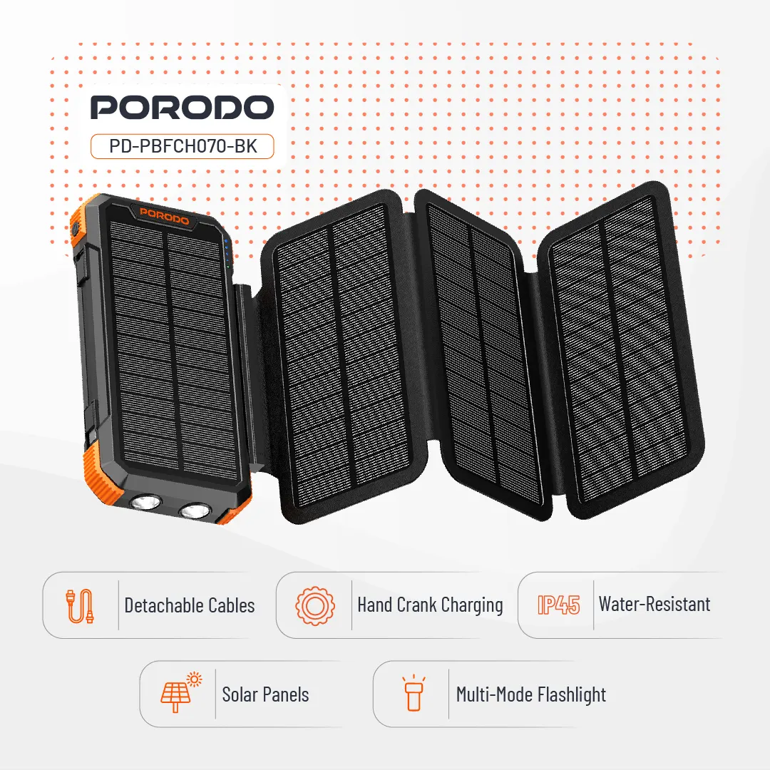 پاوربانک 20000 میلی آمپر سولار پرودو Porodo 4-Panel Solar Power Bank PDPBFCH070BK