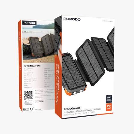 پاوربانک 20000 میلی آمپر سولار پرودو Porodo 4-Panel Solar Power Bank PDPBFCH070BK