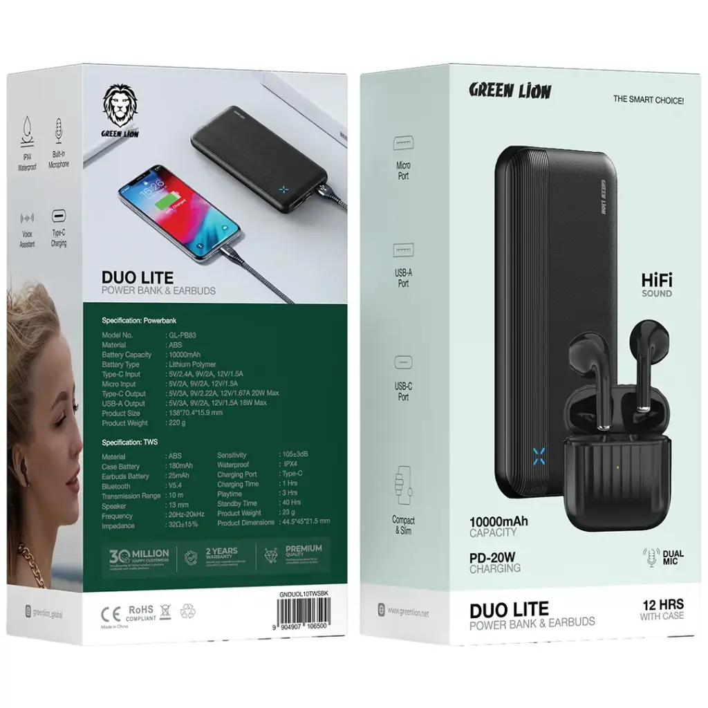 پک پاوربانک 10000 و هندزفری گرین لاین مدل Green Lion Duo Lite Power Bank & Earbuds GL-PB83